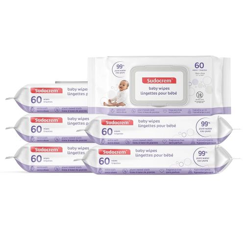 Sudocrem Pure Water Wipes 360 Count - Unscented, Hypoallergenic, Plant-Based Baby Wipes, 99% Water - Extra Strong and Ultra Soft (6 Packs of 60)
