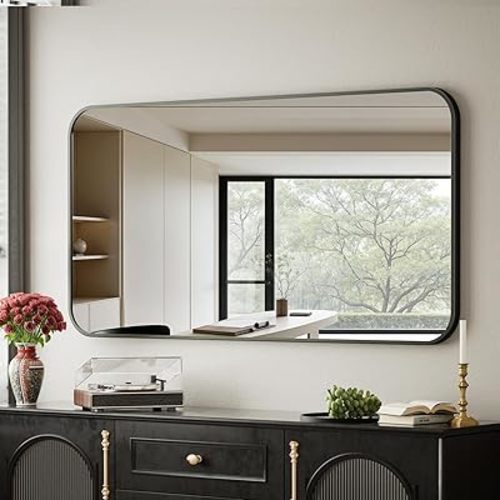 BEAUTYPEAK 26" x 38" Rectangular Aluminum Alloy Frame Wall Mounted Bathroom Mirror with Rounded Corners, Black