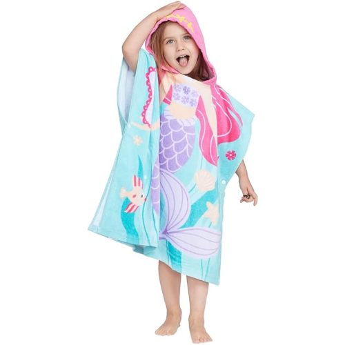 Gealaek 100% Cotton Hooded Towel for Toddlers 2-6 Years Boys Girls Kids Bath Pool Beach Towel Soft Absorbent Beach Poncho Little Mermaid