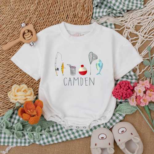 Personalized Fishing Baby Romper, Father&#39;s Day Bodysuit, Baby Boy Fishing Outfit, Fishing Coming Home Outfit, Gift for Dad