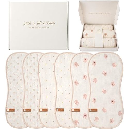 Jack & Jill & Baby Muslin Burp Cloths, 100% Cotton, 6-Pack, Large Soft Absorbent Baby Burp Rags for Newborns and Infants (Cotton Candy Garden (Bunny, Floral & Dots))