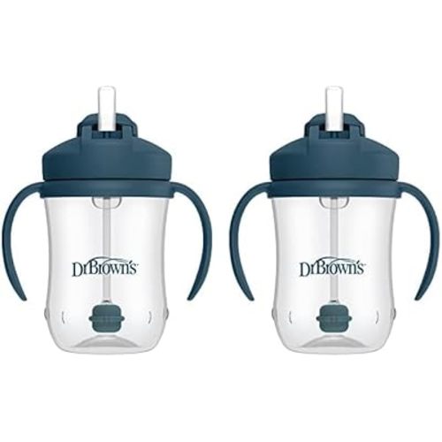 Dr. Brown's Milestones Baby’s First Straw Cup, Training Cup with Weighted Straw, Dark Blue, 6m+ (Pack of 2)