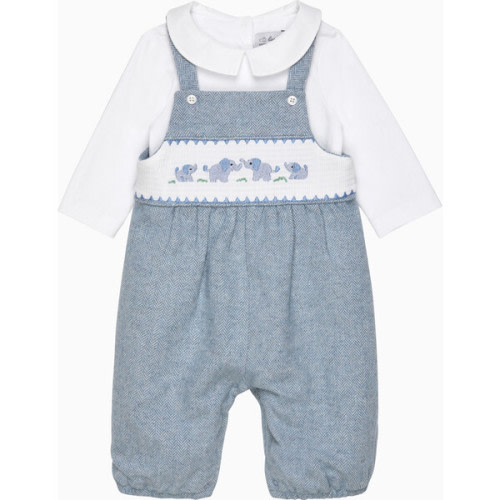 Little Elephant Embroidered Smocked Dungaree, Pale Blue Herringbone - Trotters London Rompers | Maisonette