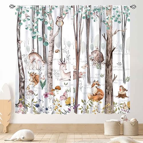Woodland Curtains for Kids Room Nursery, Rustic Woodland Wild Animals Watercolor Forest Bear Deer Fox Country Blackout Window Draeps for Baby Girls Boys Bedroom Living Room 2 Panels Set, 42"x45" Inch