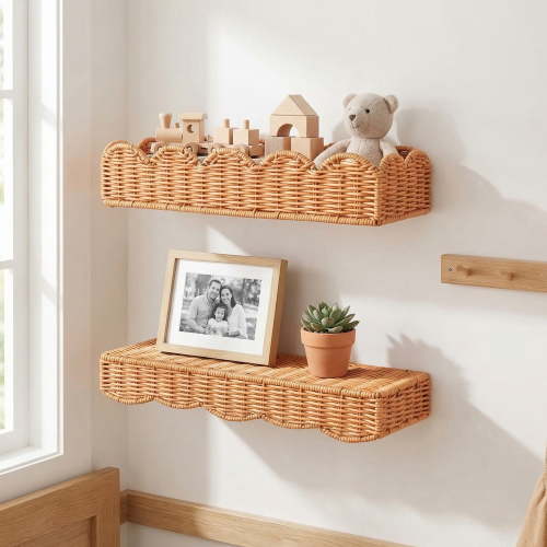 HBK Rattan Nursery Book Shelves Set of 2, Scalloped Wall Mounted Bookshelf for Kids Room, Boho Floating Shelf, 15.7 in