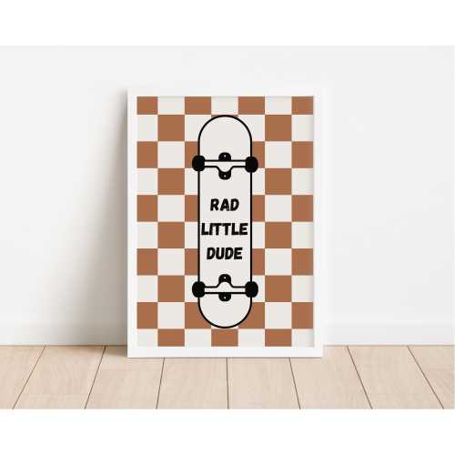 Rad Little Dude Skateboard Wall Art, Tween Bedroom Art, Girl Room Decor, Nursery Art, Playroom Art, Checkered Kid Bedroom Art, Boho Brown