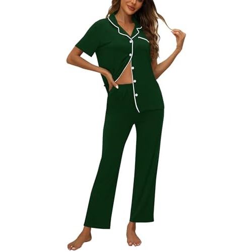 ZMJ Womens Pajamas Sets 2 Piece Button Up Pj Sets Short Sleeve with Long Pant