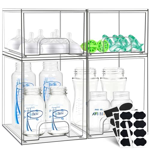 Baby Bottle Organizer, Stackable Storage Drawers with Chalkboard Labels, Clear Station Organizer Container for Bottles, Pacifiers, Pump Parts, Baby Bottle Organizers for Countertop and Cabinet, 4 Pack
