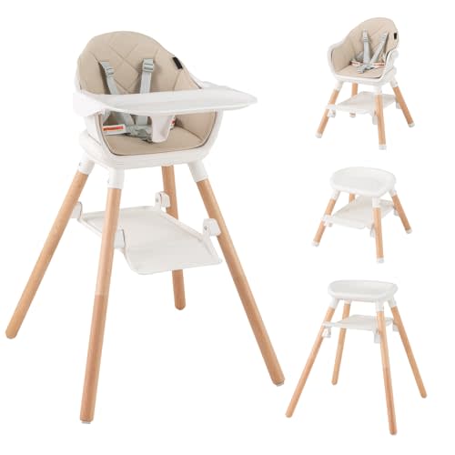 HONEY JOY Baby High Chair, 6 in 1 Convertible Wooden Highchair for Babies and Toddlers/Chair/Bar Stool, Removable Double Tray & Reversible Footrest, Safety Harness for Infant Boys Girls (Beige)