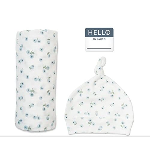 lulujo Birth Announcement Hat & Swaddle Blanket Set| Unisex Softest Bamboo Muslin Baby Swaddle Blanket| Receiving Blanket | 47in x 47in| Bamboo Knot Hat | Hello! Birth Announcement Sticker Blueberries