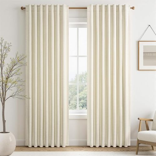 Topfinel 86 Inches Long Linen Blackout Curtains 2 Panels Set for Living Room Cream Birch Linen Texture Modern Farmhouse 100% Black Out Room Darkening Back Tab Rod Pocket(W52 xL80)
