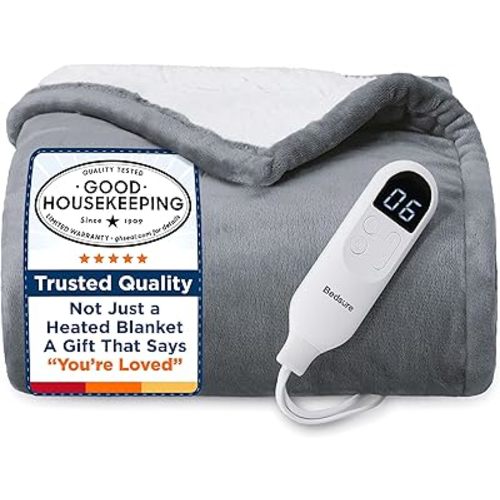 Bedsure Heated Blanket Throw Blanket - Fast Heating Electric Blanket, GentleSoft Flannel Heated Throw with 4 Time Settings, 6 Heating Settings, Warm Gifts for Grandma (50x60 inches, Grey)