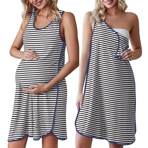Ekouaer Labor and Delivery Gown for Hospital 3 in 1 Nursing Dress Sleeveless Maternity Snap Button Breastfeeding Nightgown