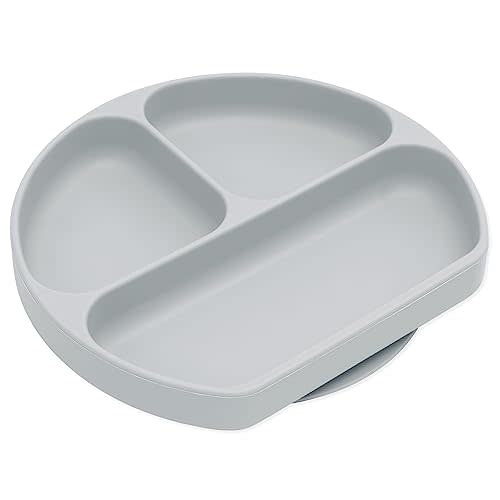 Bumkins Toddler and Baby Suction Plate, Divided Grip Dish for Babies and Kids, Baby Led Weaning, Feeding Supplies, Sticks to Tables and Highchairs, Platinum Silicone, for Chidren 6 Months, Gray