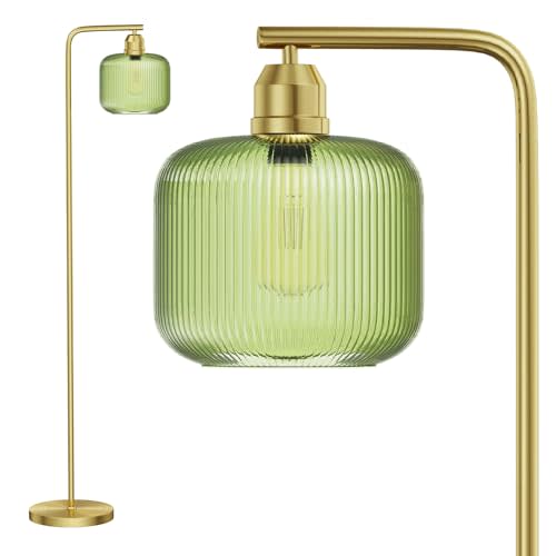 Glass Floor Lamp for Living Room, Modern Standing Lamp with Green Ribbed Glass Lampshade and Pedal Switch, 66” Tall Lamp & Gold Floor Lamp for Bedroom Study Room,Brushed Gold(3000K LED Bulb Included)