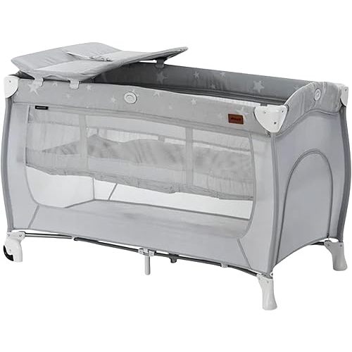 Hauck Sleep N Play Center Portable Baby Travel Cot with Bassinet, Changing Table & Playpen, Foldable Crib for Infants & Toddlers, Stars Grey