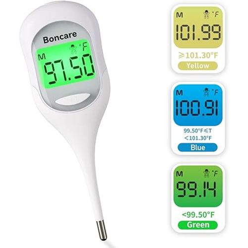 Boncare 9 Seconds Digital Basal Thermometer - Accurate Oral & Rectal Thermometer for Adults & Kids, Fever Alarm, Large Display (White)