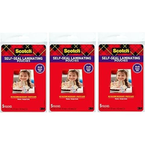 Scotch Self-Sealing Laminating Pouches, 4 x 6 Inches, 3-Pack of 5 Pouches – No Machine Needed, Clear, Photo Safe