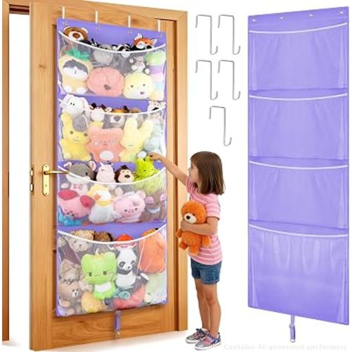 Woodoulogy Hanging Stuffed Animal Storage, Over Door Large Plush Toy Organizer with Metal Hook, Baby Accessory Holder Idea for Nursery, Doll & Bear Mesh Hammock Bag for Girl Boy Kid Room