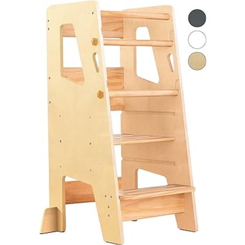 Toddler Standing Tower - Adjustable Height Toddler Kitchen Stool Helper - Ideal Kids Kitchen Step Stool for Learning New Skills - 2024 Design with Safety Feet - Varnished