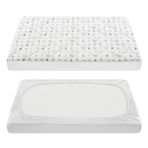 TILLYOU Pack and Play Sheet - Soft Quilted Crib Cover Pad, Toddlers Mattress Protector with 1''-3'' Deep Pocket, Thick Play Yard Playpen Sheets, Crib Mattress Pad 39"x27", Raindrop
