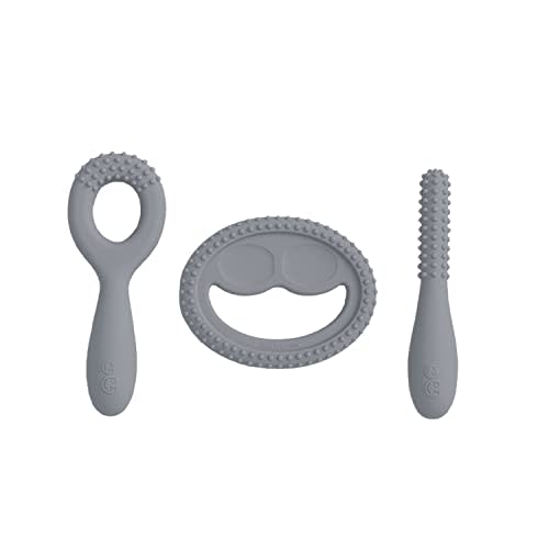 ezpz Oral Development Tools - 3 Months+ (3 Pack in Gray) - Non-Slip Loop, Smile and Stick, 100% Silicone Tools to Practice Feeding + Chewing - Sensory Bumps - Dishwasher Safe