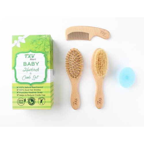 TXV Mart Wooden Baby Hairbrush and Comb Set for Newborns and Toddlers, Goat Hair Bristles, Reduce Cradle Cap, Scalp Grooming, Baby Registry