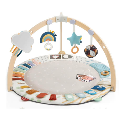 Blissful Diary Baby Play Gym & Activity Mat, 5 Developmental Zones Wooden Tummy Time Mat with 6 Detachable Sensory Toys for Motor Skills & Sensory Development, Baby Essentials Shower Gift