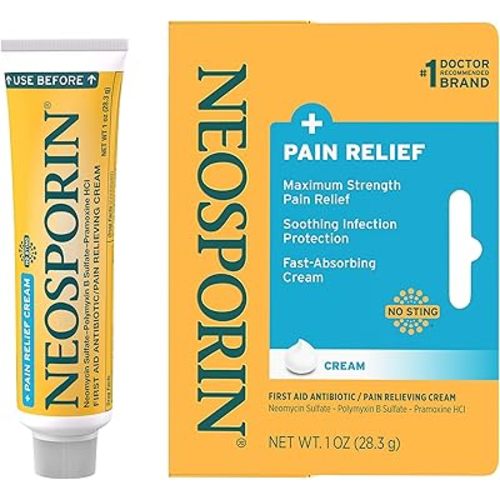 Neosporin + Maximum-Strength Pain Relief Dual Action Cream, First Aid Topical Antibiotic & Analgesic Cream for Wound Care of Minor Cuts, Scrapes & Burns, Polymyxin B & Pramoxine HCl, 1 oz