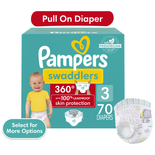 Pampers Swaddlers 360 Pull-On Diapers, Size 3, 70 Count for up to 100% Leakproof Skin Protection and Easy Changes