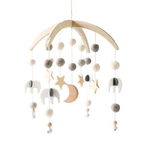 Baby Mobile for Crib, Wooden Baby Crib Mobile with Felt Ball Decor, Baby Crib Nursery Mobile Star Moon for Baby Boys and Girls, Boho Hanging Decor Baby Bed Bell Crib Rattle Hanging Wind Chime Gray