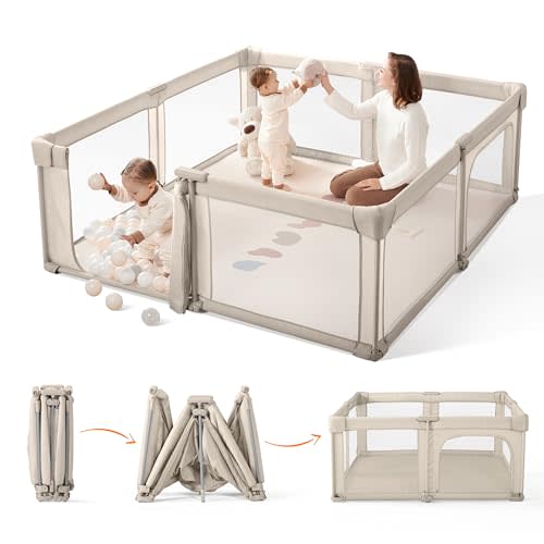 Sweeby Baby Playpen, 59x59 Inch Gate Foldable for Babies and Toddlers, Extra Large with Door Play Yard for Fence Indoor and Outdoor, Light Khaki