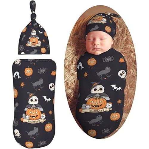 Halloween Black Skulls Newborn Swaddle Blanket with Beanie Set Soft Baby Sleep Sack Stretch Adjustable Swaddle Wraps Receiving Blankets