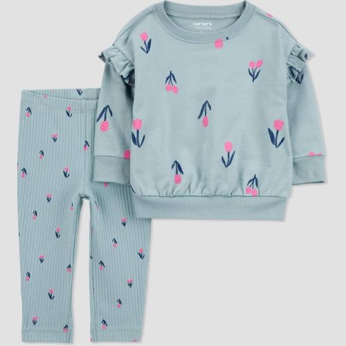 Carter's Just One You®️ Baby Girls' Tulip Top & Bottom Set - Blue/pink 12m: Floral Cotton Tunic & Legging, Long Sleeve