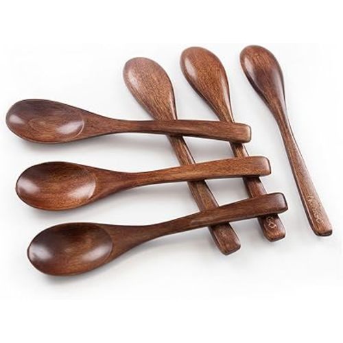 HANSGO 6PCS Wooden Spoons for Eating, 6 Inch Small Wooden Spoons for Honey, Coffee, Tea, Hot Cocoa, Jam, Bath Salts, Little Wood Table Spoon for Stirring, Smooth Finish, Unique Gifts for Men Women