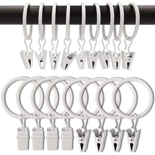 90 Pack Curtain Rings with Clips, Drapery Clips with Rings, Drapes Rings 1.26 in Interior Diameter, Fits up to 1 Inch Curtain Rod, White