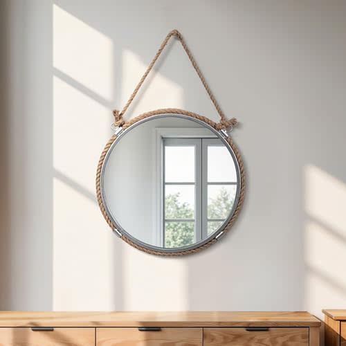 Round Wall Mirror with Coastal Rope Frame for Bedroom Decor - Hanging Vanity Mirror for Dorm or Bathroom - Metal and Glass Wall Decor for Hallway, Entryway, and Living Room - 31", Brown & Silver