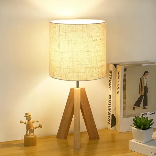 Small Table Lamp, Wooden Tripod Nightstand Lamp with Linen Fabric Shade, Cute Boho Bedroom Lamp for Nightstand, Modern Bedside Lamp for Living Room, Nursery, Kids Room, Office, Dorm, Bulb Not Included