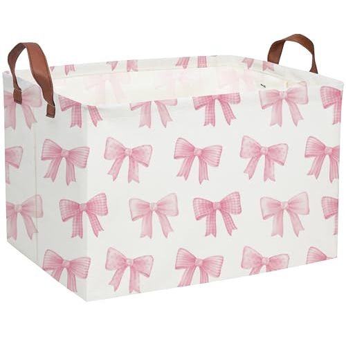 Sanjiaofeng Rectangular Kids Basket Pink Storage Bins,Girls Storage Baskets with Handles.Clothers,Toys,Books,Kid's Gifts Storage. (Pink Bowknot)
