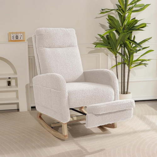 Nursery Rocking Chair,Modern Upholstered High Back Glider Armchair,Comfy Rocker with retractable footrest and Headrest, Side Pocket Accent Chair for Living Room/ Bedroom （Teddy）WHITE
