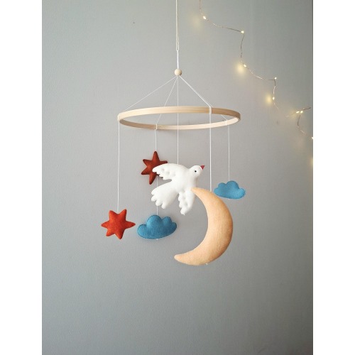 Folk Bird Crib Mobile - Cloud, Moon, and Stars Nursery Mobile - Nursery Hanging Decor, Newborn Gift, Baby Shower Gift