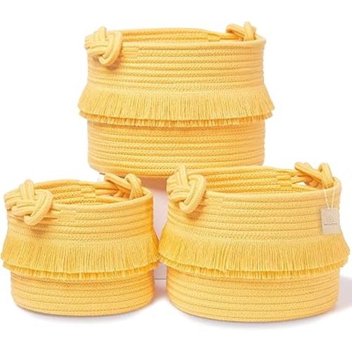 NaturalCozy 3-Piece Boho Decor Storage Basket Set – Cotton Rope Woven Baskets for Organizing! Small Basket for Baby Stuff, Baby Shower, Gift Basket, Nursery Baby Basket, Planter, Toy Basket, Shelves