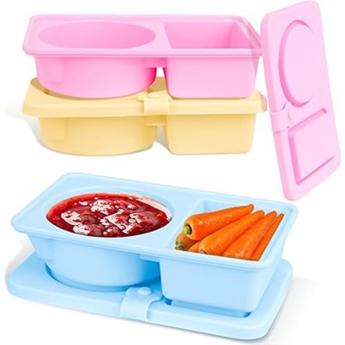 3 Pack Silicone Reusable Snack Containers with Lids, Double Compartment Snackle Box Containers, Salad Dressing Sauce Seasoning Container, Small Mini Food Snack Boxs for Travel, Office, Picnic