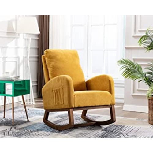 Antetek Modern Accent Rocking Chair, Upholstered Nursery Glider Rocker for Baby and Kids, Comfy Armchair with Side Pocket, Living Room Lounge Arm Chair with High Backrest (Mustard Yellow)
