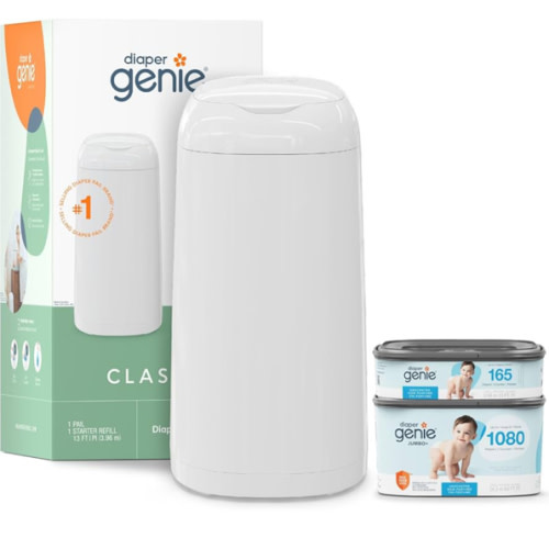 Diaper Genie Classic Diaper Pail Gift Set | Push-N-Lock Odor Control | Includes Starter Refill and Jumbo+ Refill | Holds up to 1,245 Newborn Diapers | Baby Registry Must-Have