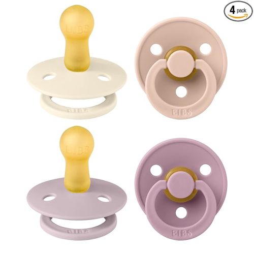BIBS Colour Soother 4-Pack, BPA Free Dummy Pacifier, Round Nipple. Natural Rubber Latex, Made in Denmark. 6-18 Months (Pack of 2), Baby Girl Colours