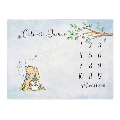 Classic Pooh Bear Baby Milestone Blanket Boy, First Year Calendar Monthly Growth Blanket, Personalized Name Month Blanket, Baby Shower Gift