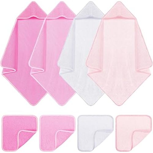 8 Pcs Baby Hooded Cotton Towels and Washcloths 30"x 30" Cotton Newborn Bath Washcloth with Hood Absorbent 10"x 10" Soft Baby Towel Unisex Newborn Gift for Girls Boys(Pink Series)