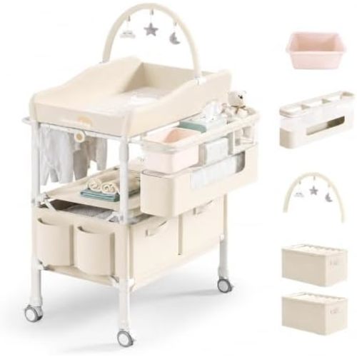 Table à langer portable imperméable, table à langer pliable en hauteur réglable pour nouveau-nés et nourrissons, comprend une barre à jouets suspendue et des bacs de rangement multicouches