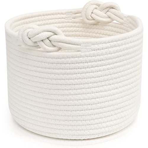 ABenkle Small Woven Basket, Cotton Rope Shelf Storage Basket, Small Round Basket, Cute Baby Basket, Decorative Round Bin for Nursery Bedroom Bathroom, 9.4" x 9.4"x 7.1" Empty Gift Basket - White
